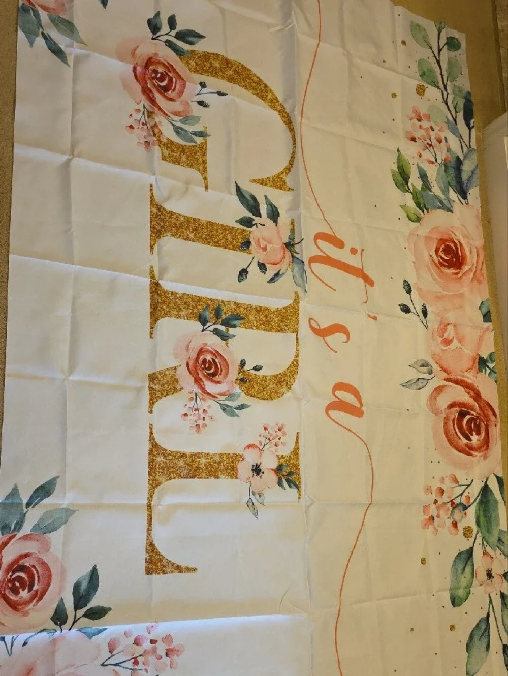 'It's a GIRL' Floral Backdrop Banner Pink & Gold New